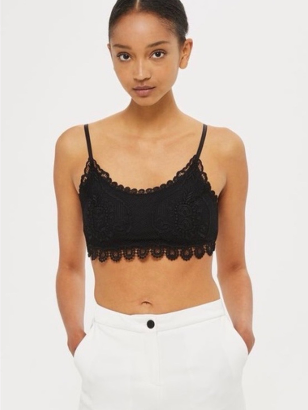 Topshop Black Lace Cropped Bralette with Scalloped Hem